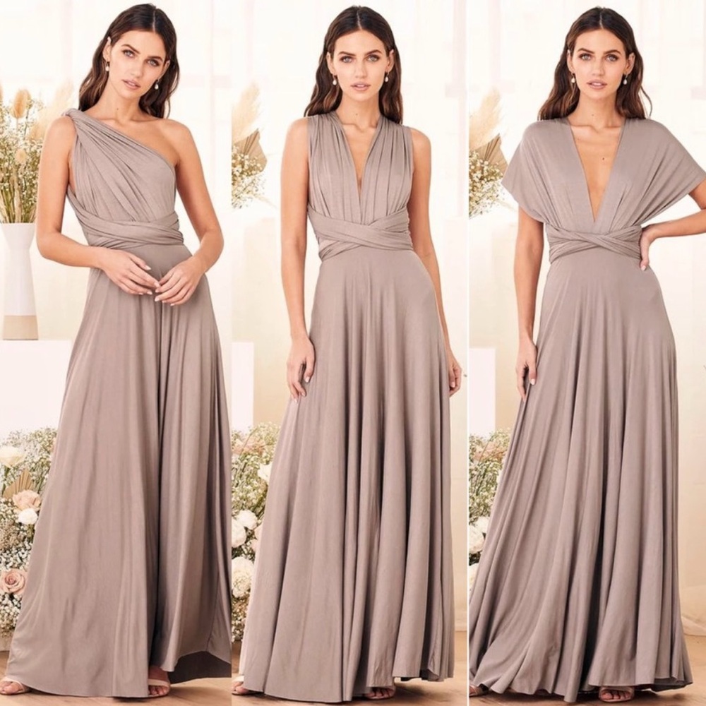 Lulu’s Elegant Taupe Wrap Maxi Dress